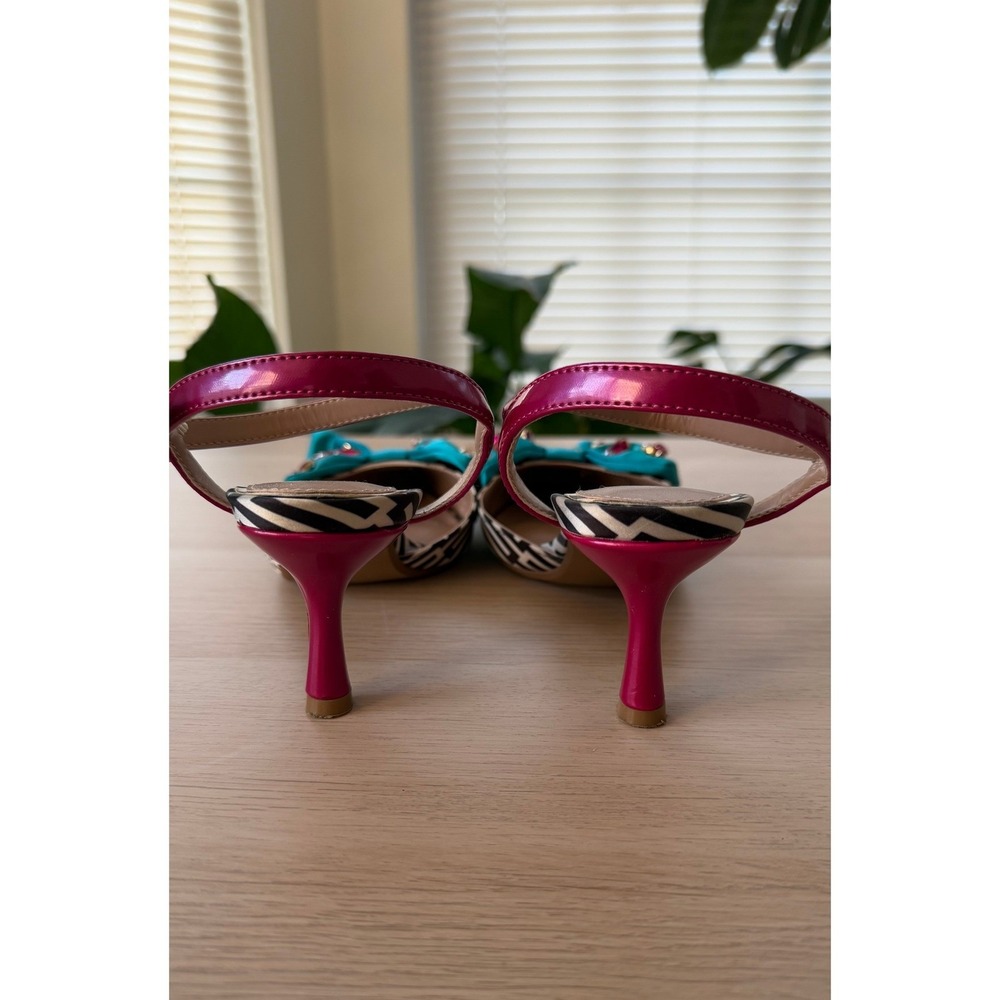 Betsey Johnson Emely Striped Pumps Turquoise Bow Rhinestone Kitten Heels 6.5M - Picture 2 of 5